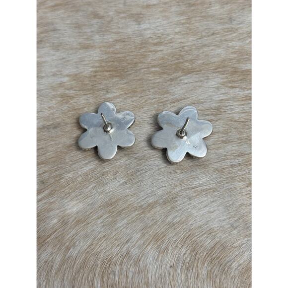 Native American Sterling Silver Orange Opal Flower Cluster Post Stud Earrings - Picture 5 of 13